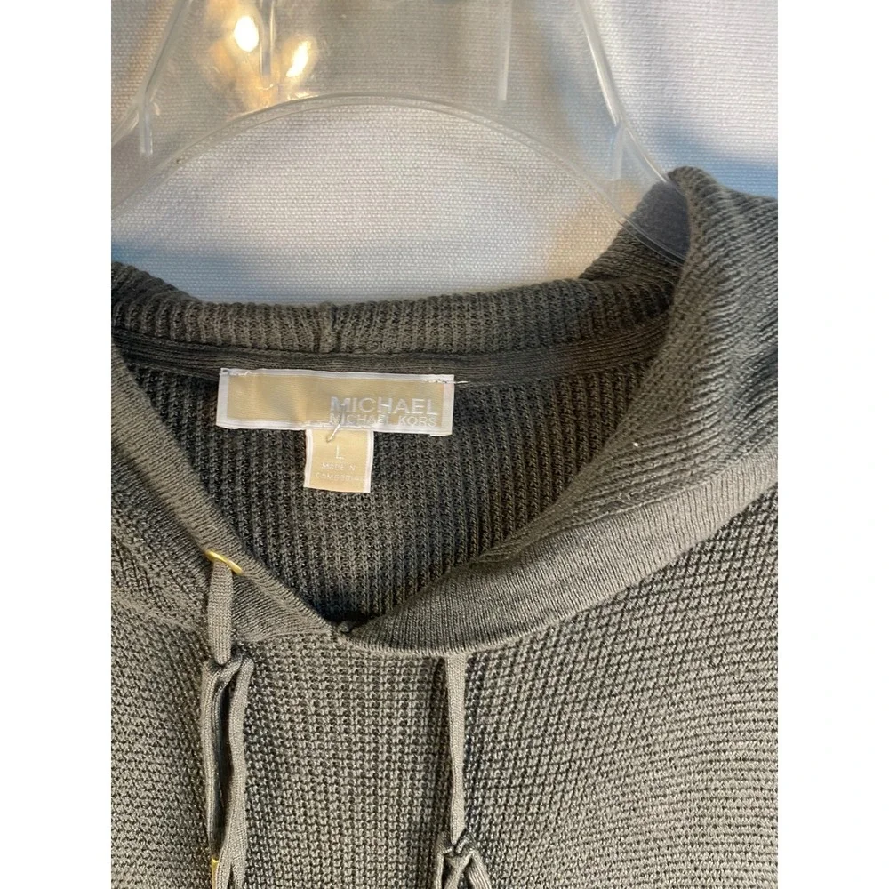 Michael Kors Womens Olive Green Waffle Knit Hoodie‎ Sweater Gold Logo Size L